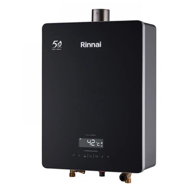 Rinnai 林內|RUA-C1628WF 屋內強制排氣型16L熱水器 (三段火排、水量伺 服、黑色玻璃前板)(含運不安裝,安裝費另計)