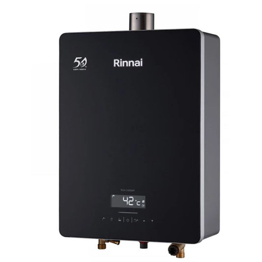 Rinnai 林內|RUA-C1628WF 屋內強制排氣型16L熱水器 (三段火排、水量伺 服、黑色玻璃前板)(含運不安裝,安裝費另計)