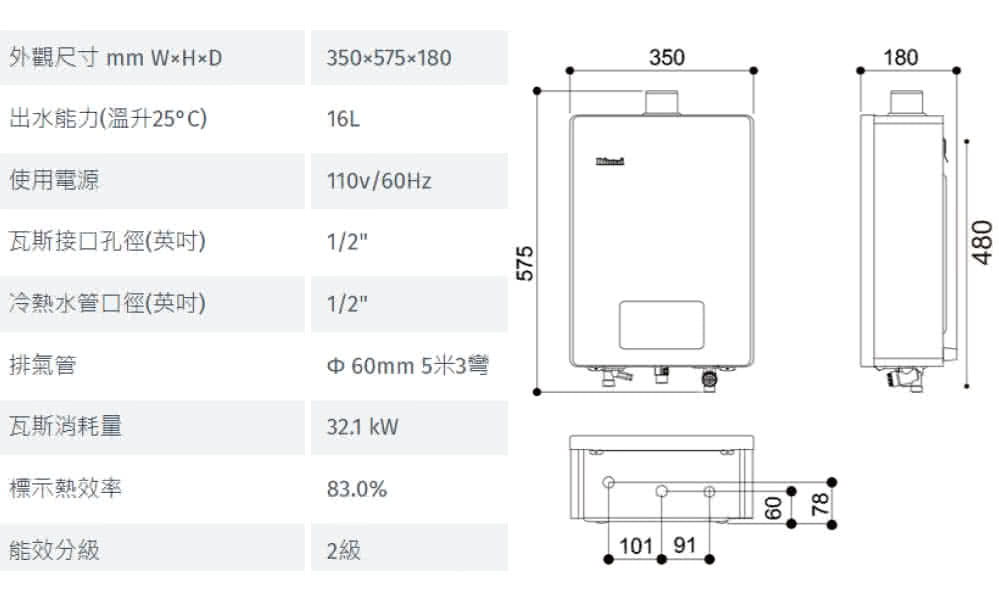 Rinnai 林內|RUA-C1620WF 屋內強制排氣型16L熱水器 (三段火排、水量伺服)(含運不安裝,安裝費另計)