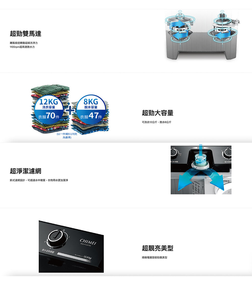 奇美CHIMEI|12kg/8kg 雙槽洗衣機 WS-P128TW