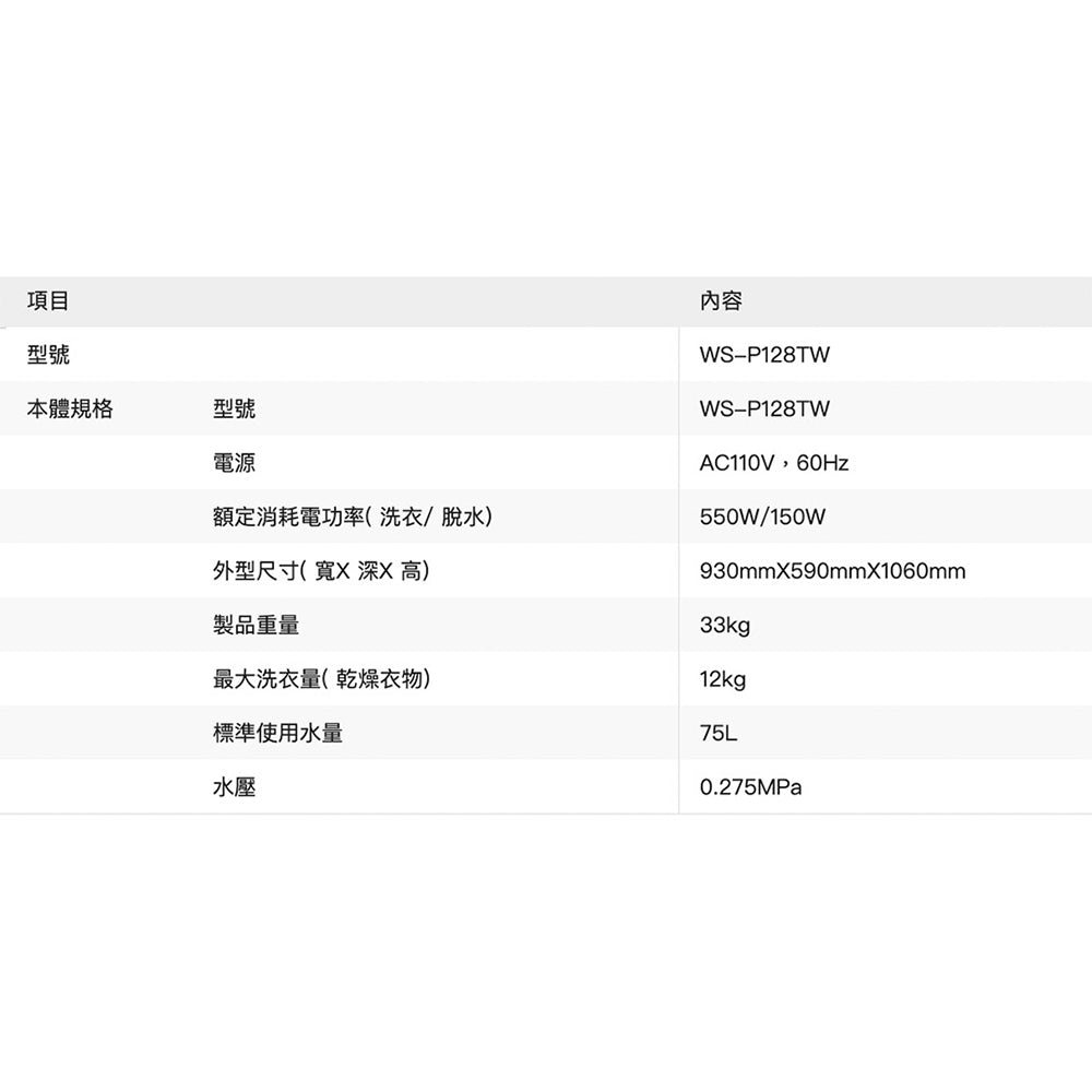 奇美CHIMEI|12kg/8kg 雙槽洗衣機 WS-P128TW