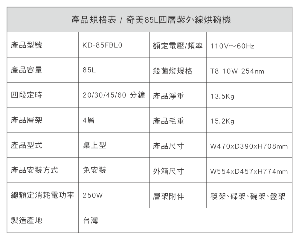 奇美CHIMEI| KD-85FBL0 85L四層紫外線烘碗機