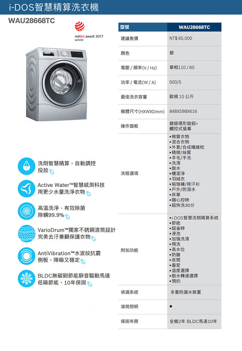 BOSCH博世|WAU28668TC 6系列 滾筒洗衣機