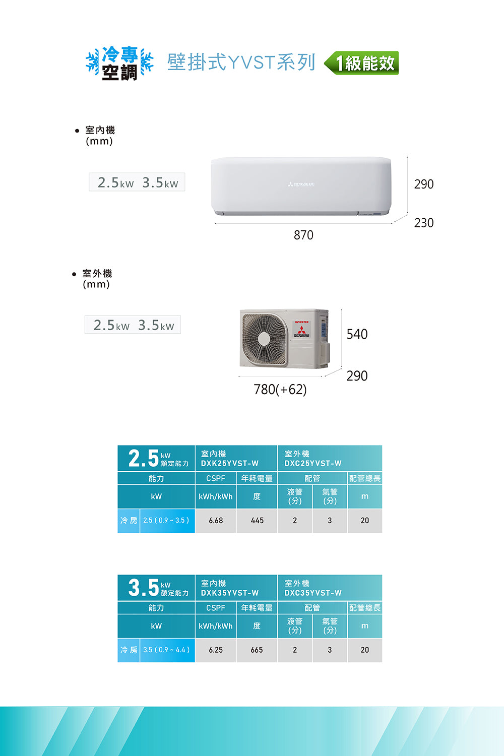MITSUBISHI 三菱重工 |YVST系列 2-4坪 變頻冷專分離式空調(DXC25YVST-W/DXK25YVST-W)