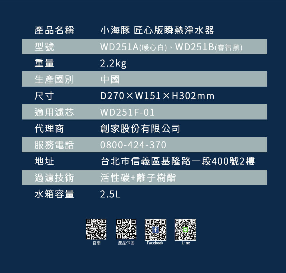 【全新出清】Haier |小海豚(匠心版) 瞬熱式淨水器 (暖心白WD251A、睿智黑WD251B)