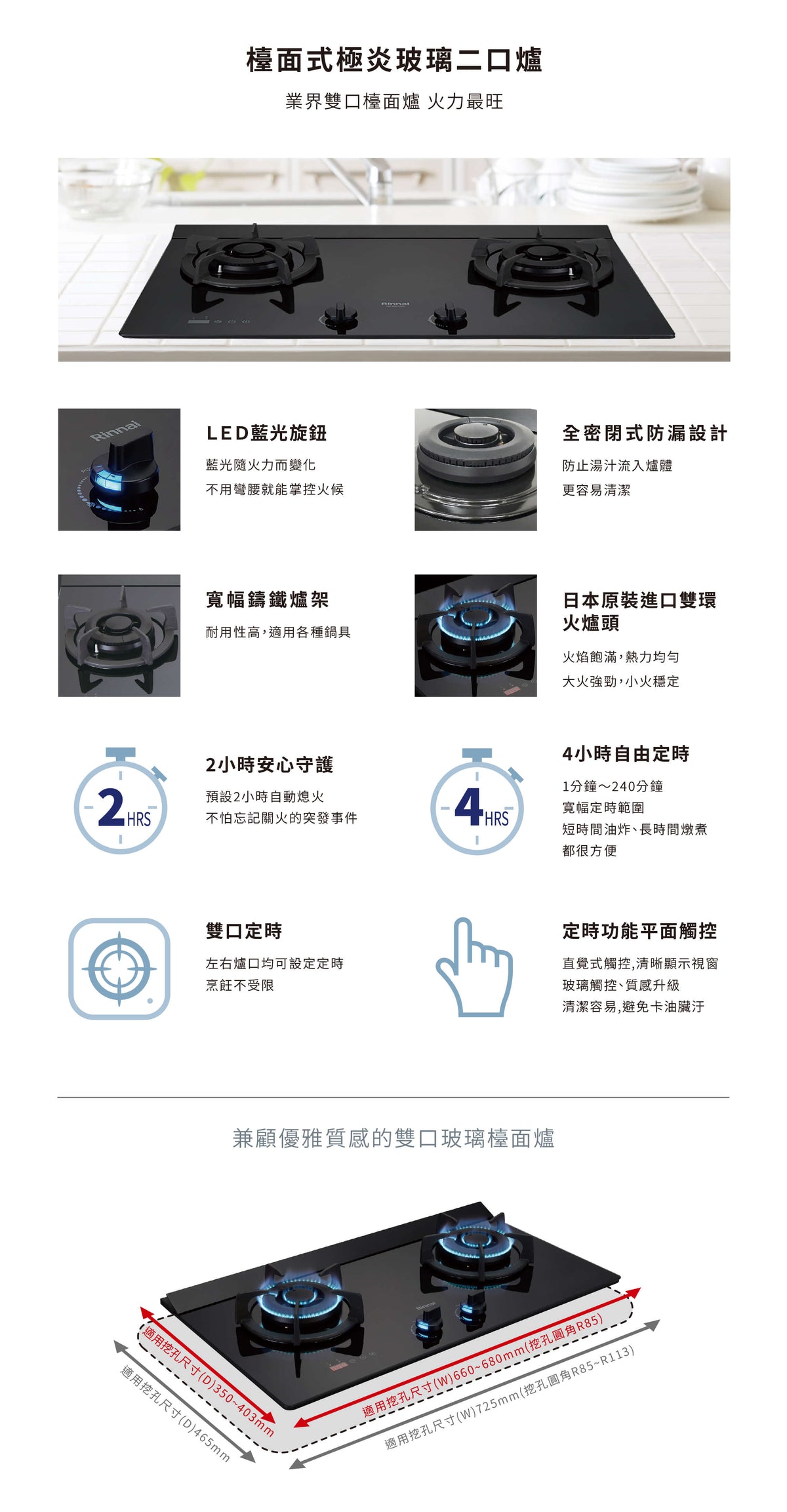 Rinnai 林內｜RB-M2620G(B) 檯面式極炎二口爐(黑玻)(LED旋鈕)(定時)(含運不安裝，安裝費另計)