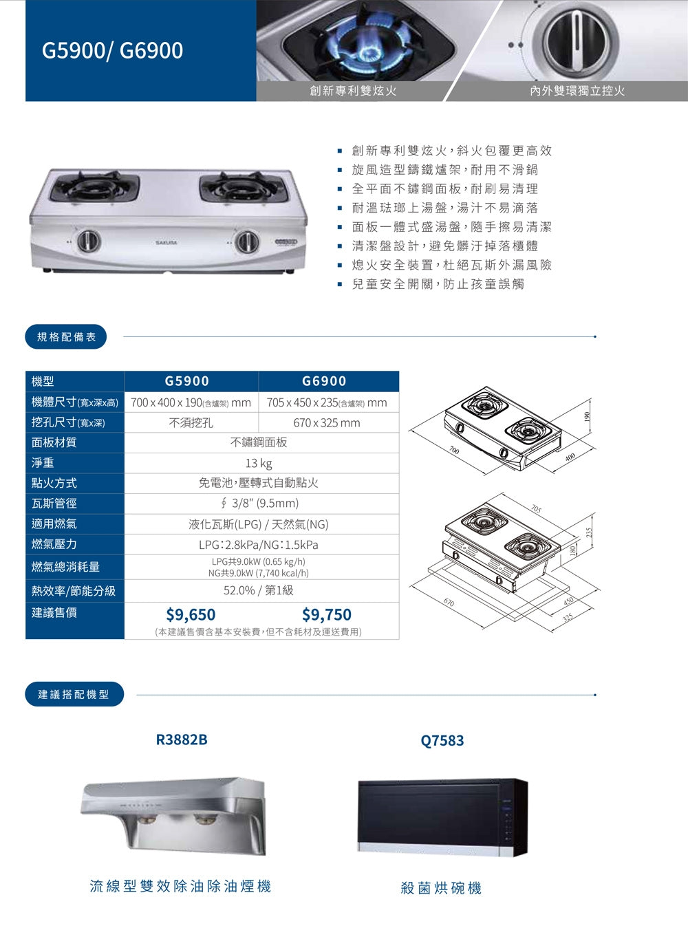 Sakura櫻花｜二口雙炫火台爐 G5900S (不含安裝)