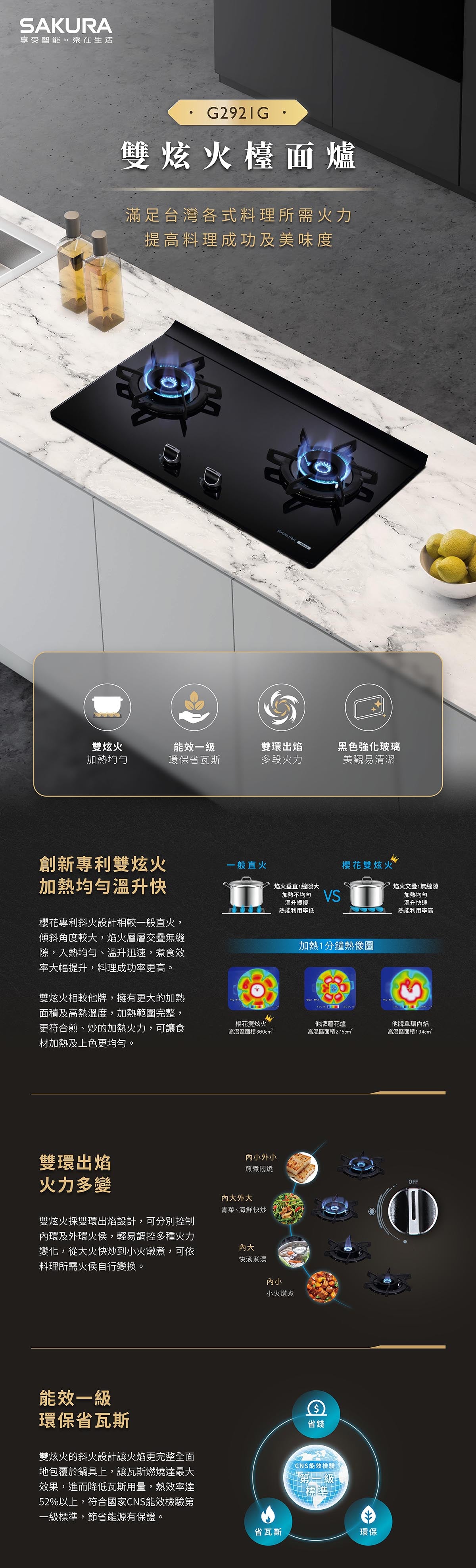 Sakura櫻花｜二口雙炫火玻璃檯面爐 G2921GB  (不含安裝)