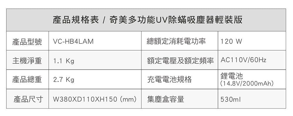 奇美CHIMEI｜VC-HB4LAM 無線多功能UV除蹣吸塵器輕裝版