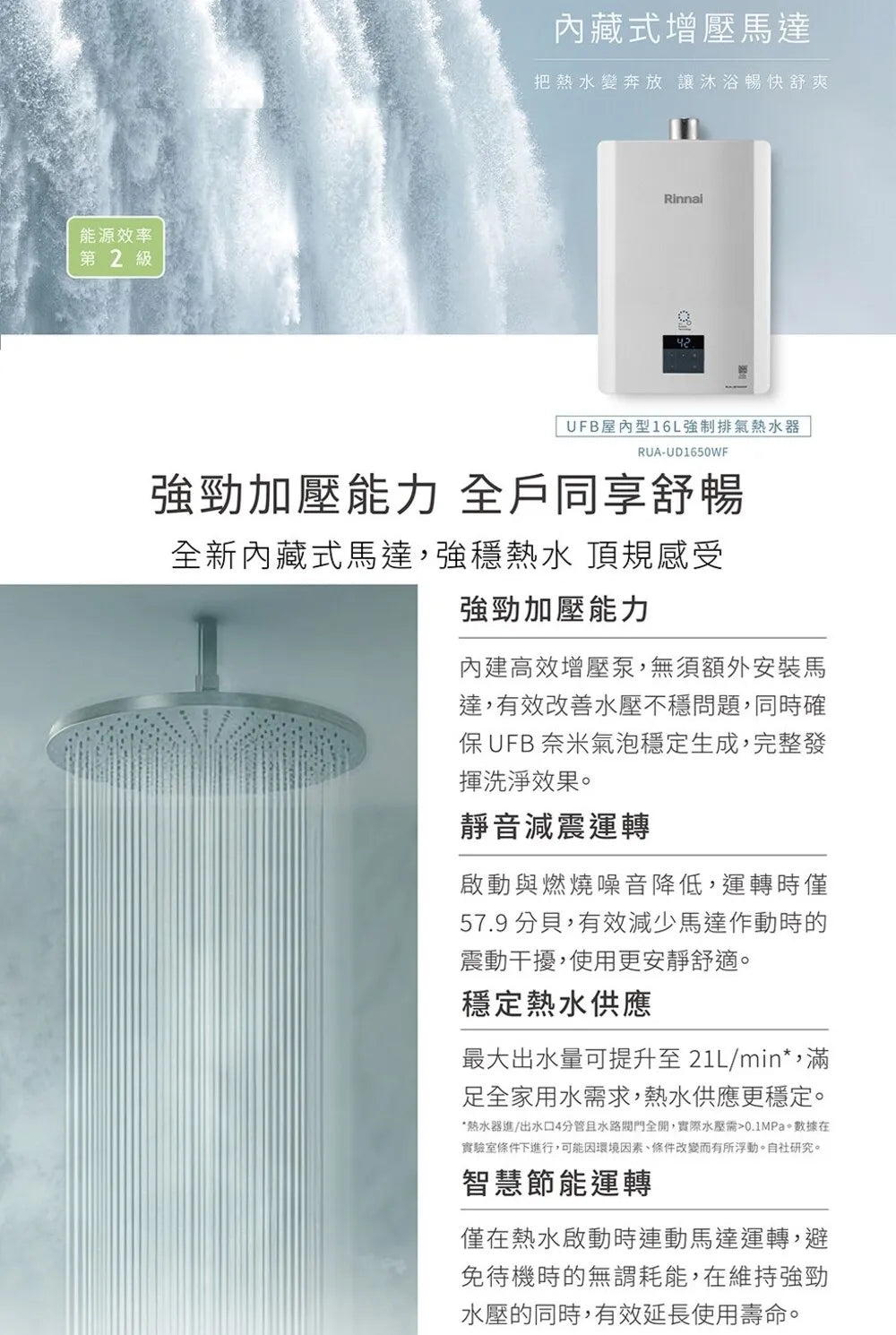 Rinnai 林內｜RUA-UD1650WF UFB屋內型 16L 強制排氣熱水器(含運不安裝，安裝費另計)